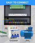 Diagram of connections for Beefy 15KW 20HP VFD Variable Frequency Drive showing braking resistor, circuit breaker, and motor setup