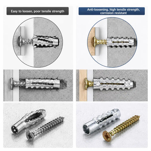 Heavy Duty Wall Anchors And Screws Kit For Concrete And Hollow Walls 100 Piece Go To Set comparison of silver and brass anchors