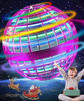 Child playing with 2025 Upgraded Flying Orb Ball Toy With Hover Boomerang Spin Mini Drone glowing RGB colors in space theme background