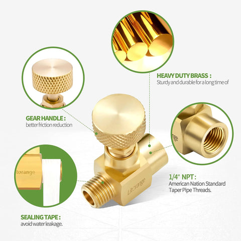 Two Litorange brass needle valves with 1/4 in NPT male threads; knurled handle, brass body.