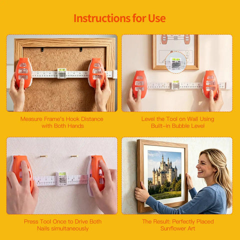 Instructions for using the Professional 3 In 1 Picture Hanging Tool And Spirit Level for easy wall art installation.