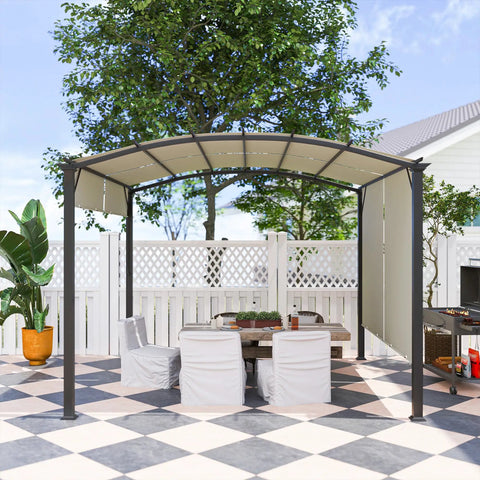 Retractable Pergola Canopy For Outdoor Patio 11 By 11 Feet Arched Sun Shade Shelter With Steel Frame And UV Protected Beige Cover