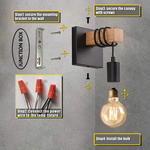 Installation steps for dimmable Edison Style Black Wall Sconce with on off dimmer switch, 1 light industrial farmhouse wall lamp.