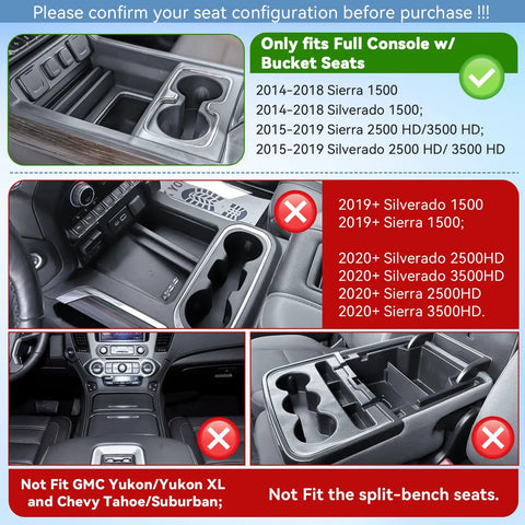 Center Console Organizer Tray For Full Console With Bucket Seats Fits 2014 2018 Chevy Silverado GMC Sierra 1500 And 2015 2019 Silverado Sierra 2500HD 3500HD Storage Compartment For Your Truck compatibility guide.