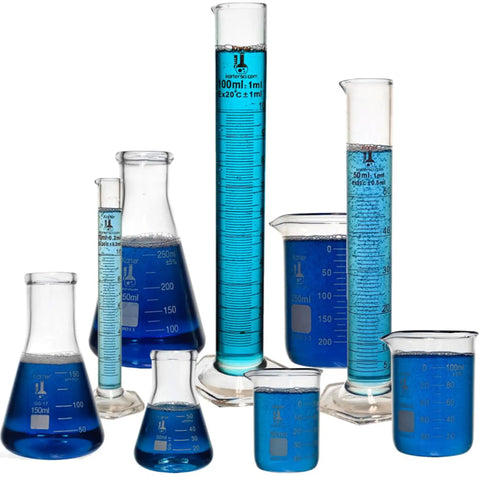 Beaker, Flask, And Graduated Cylinder Set in 3.3 Borosilicate Glass, Heavy Duty Lab Glassware Kit, 9 Pieces, filled with blue liquid