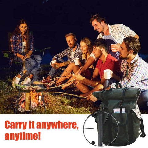 Group enjoying fire with Beefy Campfire Tripod For Cooking Heavy Duty Outdoor Fire Pit Stand Portable Cast Iron Tripod next to backpack