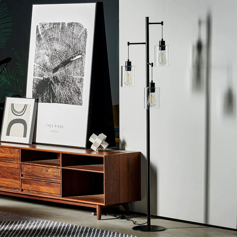 Black Floor Lamp With Three Glass Shade Branches Dope Industrial Tree Lamp For Living Room Or Office 64 Inch Tall Modern