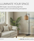 Coastal Modern Floor Lamp With Dark Bronze Base And Rattan Lampshade, Perfect For Bedroom, Living Room Or Home Office Lighting