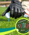 Golfer placing ball on multicolor bamboo tee from 600 Piece Bulk Wooden Golf Tees Set In Bright Multicolor, 3 Sizes, on grass