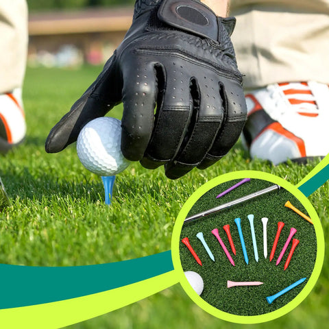 Golfer placing ball on multicolor bamboo tee from 600 Piece Bulk Wooden Golf Tees Set In Bright Multicolor, 3 Sizes, on grass