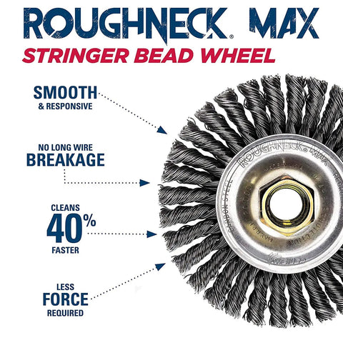Roughneck Max Stringer Bead Wire Wheel For Weld Cleaning With Steel Fill Four Inch Wheel Pack Of Five Includes UNC Nut Pro Grade Heavy Duty Wire