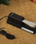 Universal Sustain Pedal For Digital Pianos, Electronic Keyboards, MIDI Keyboards, And Synthesizers With Polarity Switch And One Quarter Inch Input Plug, Durable Foot Pedal For Stage And Studio Use on woven surface