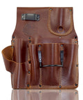 Right Handed Ambassador Series Drywall Pouch in chestnut brown leather with hammer holder, pro-grade for carpenters and electricians.