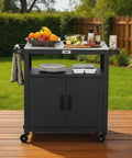 Outdoor Grill Cart With Stainless Steel Tabletop And Storage Cabinet Movable Kitchen Island On Wheels For BBQ Prep Durable Black Portable Outdoor Kitchen Cart For Patio Garden And Backyard Grilling