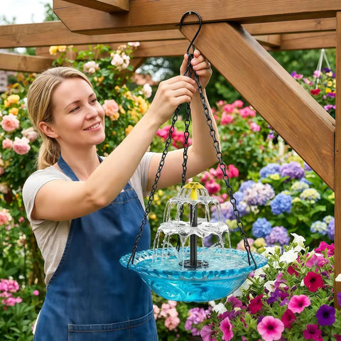Woman hanging Solar Bird Bath Fountain With Hanging Cascade Water Bowl And Pump Outdoor Garden Decor For Hummingbirds Easy Sun Powered Water Feature That Runs On Direct Sunlight No Batteries Needed Blue