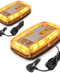Twin Pack Amber Roof Top Emergency Strobe Lights with 72 LEDs, magnetic base, and car plug from top view.