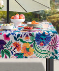 Outdoor Tablecloth With Umbrella Hole And Zipper Paisley Print Waterproof Patio Cover For Spring And Summer Stain Resistant And Wrinkle Free 60 By 84 Inch Rectangle Tablecloth For Picnics Backyards And Al Fresco Dining Must Have on table with food, umbrella visible