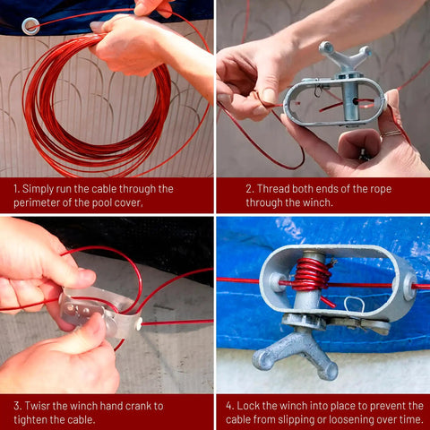 Steps to install Cover Cable And Winch Kit For Round Oval And Rectangular Above Ground Pools 100 Ft Wire With Heavy Duty Ratchet System