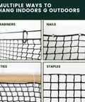 All Purpose Sports Netting Set With 33 Feet Nylon Rope For Golf Practice And Multi Sport Hitting, shown with hanging options.