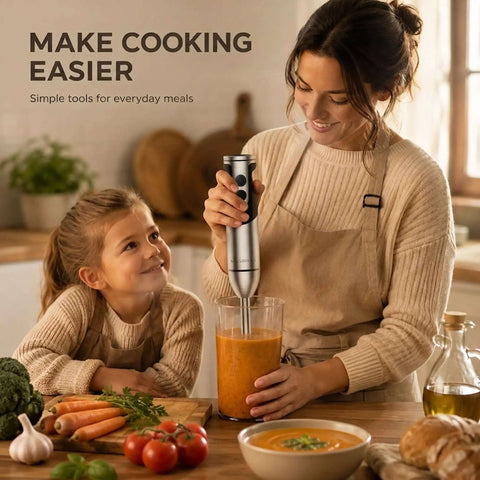 Badass 3-In-1 Hand Blender Combines Immersion Mixer Electric Whisk And Milk Frother With 12-Speed Dial BPA-Free Stainless Steel Shaft For Daily Cooking in use by a woman making soup.