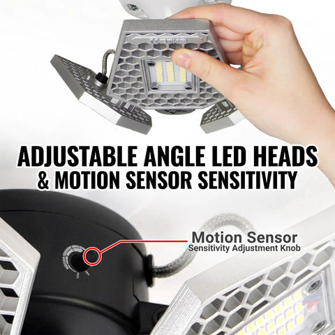 Person adjusting LED head on TRiLIGHT 3000 Lm Motion Sensor Ceiling Light With Screw-In Install, motion sensor adjustment visible.