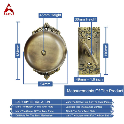 Diagram of Vintage Victorian Twist Bell With Key Plate Mechanical Doorbell For Home Brass Calling Bell With Elegant Finish