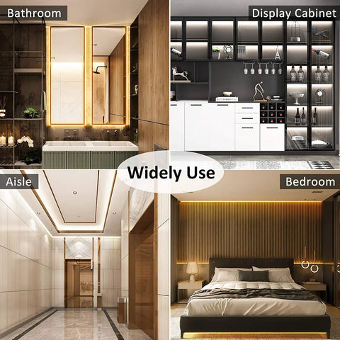 Tunable White COB LED Strip Light 2700K To 6500K 16.4 Ft 24V Dimmable UL Listed Dotless Tape shown in bathroom, cabinet, aisle, bedroom