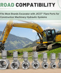 JIC37 Hydraulic Swivel Run Tees Set 7 Pack in front of yellow excavator, showing high-pressure compatibility for machinery
