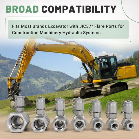 JIC37 Hydraulic Swivel Run Tees Set 7 Pack in front of yellow excavator, showing high-pressure compatibility for machinery