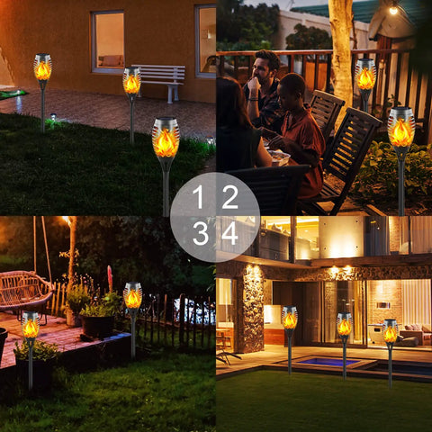 Solar Torch Lights With Flickering Flame 16 Pack 12 LED Outdoor Landscape Lighting Tiki Torches installed in a garden and patio.