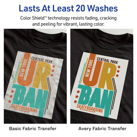 Comparison of Basic and Avery fabric transfers on dark T-shirts with urban skateboard design, using dark fabric printable iron on transfer paper.