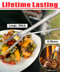 18 Inch Stainless Steel BBQ Tools Set With Tongs Spatula Fork And Brush, Heavy Duty Grillin Kit For Backyard Barbecue shown with food