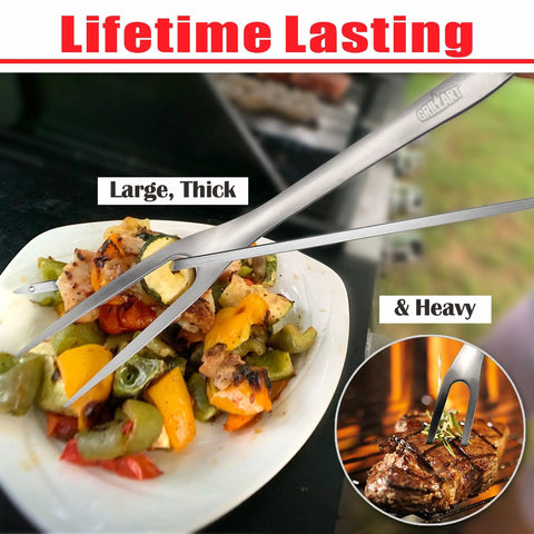 18 Inch Stainless Steel BBQ Tools Set With Tongs Spatula Fork And Brush, Heavy Duty Grillin Kit For Backyard Barbecue shown with food
