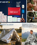 66 In 1 Outdoor Survival Kit with First Aid, fire starter, knife, compass, emergency blanket for camping and hiking gear.