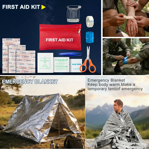 66 In 1 Outdoor Survival Kit with First Aid, fire starter, knife, compass, emergency blanket for camping and hiking gear.
