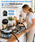 Woman using Quick 15 Second Heat Up Handheld Steam Cleaner With High Pressure For Deep Cleaning Grease And Grout Stains Without Harsh Chemicals.