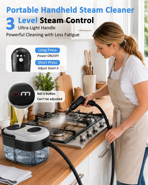 Woman using Quick 15 Second Heat Up Handheld Steam Cleaner With High Pressure For Deep Cleaning Grease And Grout Stains Without Harsh Chemicals.