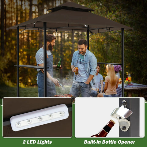 8x5 Ft Outdoor Grill Gazebo with Double Roof Canopy and LED Lights, featuring 2 side shelves and bottle opener for garden gatherings