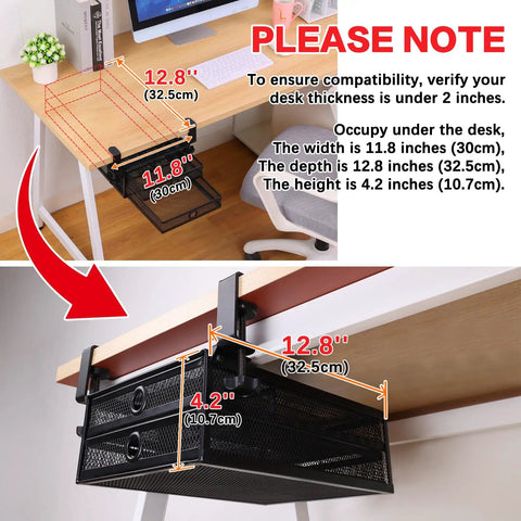 Under Desk And Desktop Drawer Organizer With 2 Tier Metal Slide Out Drawers In Black attached under a desk with measurements shown
