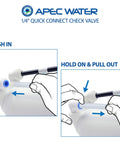 APEC Water 1/4 in quick-connect check valve, white plastic with blue O-ring; push-in and hold-pull installation.