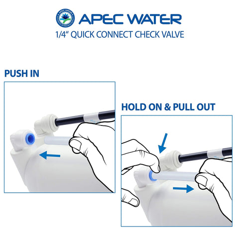 APEC Water 1/4 in quick-connect check valve, white plastic with blue O-ring; push-in and hold-pull installation.