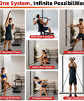 Crush Your Daily Reps With This Solid 40 Inch Adjustable Resistance Band Wall Anchor Featuring 37 Locking Positions For Complete Home Gym Full Body Workout Sessions, showing various exercises with resistance bands.