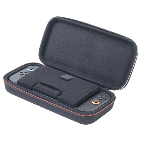 Game Traveler Deluxe Licensed Travel Case For Nintendo Switch Family, Black Small, open with Switch inside and carry handle visible