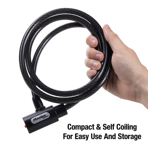 Hand holding 5 Ft Black Cable Bike Lock With Key Heavy Duty Braided Steel Self Coiling Vinyl Coated For Scratch Protection