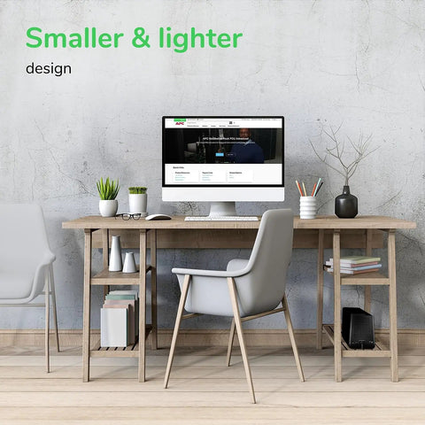 Modern home office with desk, computer, and Uninterruptible Power Supply 850VA 450W For Home Office Or Computer, Battery Backup And Surge Protector With 9 Outlets And Type A Charger BE850G2.