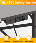 Close-up view of the power strip on the Space Saving 1000 Pound Metal Work Bench For Garage With 38.58 Inch Adjustable Height Table And Built In Power Strip Ideal Sewing Table And DIY Workshop Hub For Home Projects, showing 1 USB, 1 Type-C, and 3 AC outlets.