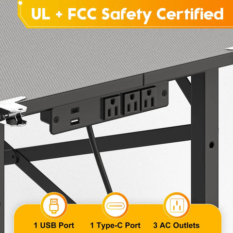Close-up view of the power strip on the Space Saving 1000 Pound Metal Work Bench For Garage With 38.58 Inch Adjustable Height Table And Built In Power Strip Ideal Sewing Table And DIY Workshop Hub For Home Projects, showing 1 USB, 1 Type-C, and 3 AC outlets.