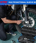 46 Piece One Quarter Inch Drive Socket Ratchet Wrench Set With Metric Sockets And Bit Set Plus Extension Bars Universal Joint And Storage Case Built From CR V Steel For Auto Repair And Home Projects Your Go To DIY Kit used on motorcycle wheel