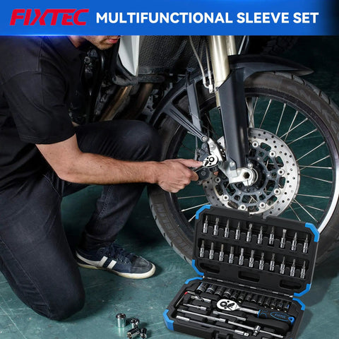 46 Piece One Quarter Inch Drive Socket Ratchet Wrench Set With Metric Sockets And Bit Set Plus Extension Bars Universal Joint And Storage Case Built From CR V Steel For Auto Repair And Home Projects Your Go To DIY Kit used on motorcycle wheel