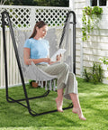 Heavy Duty U Shaped Hammock Chair With Stand Ready To Chill Rustproof Hanging Swing For Yard And Garden Bohemian Tassel Style
